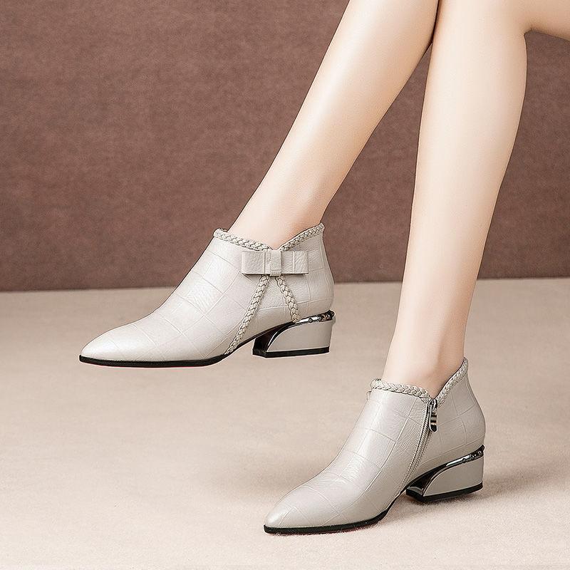 New Women's Boots Chelsea Boots Bow Side Zipper Square Heel Middle Heel Short Shoes