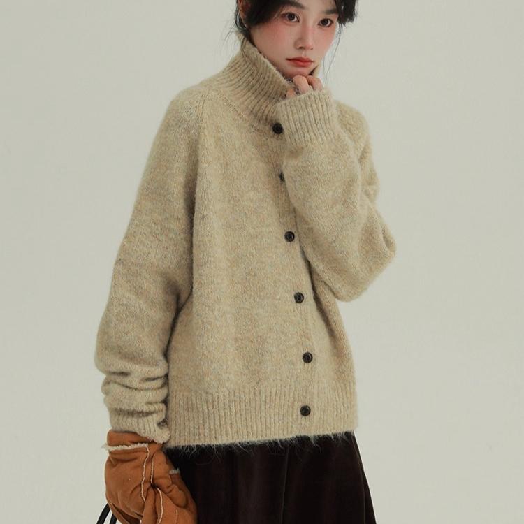 DIMANAF 2025 New Sweaters Buttons Turtleneck Cardigan Autumn Women Solid Knitting Loose