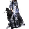 Plus Size Women's Vintage Autumn Ethnic Print Cotton Linen Dress - Loose Long Sleeve Big Swing Skirt