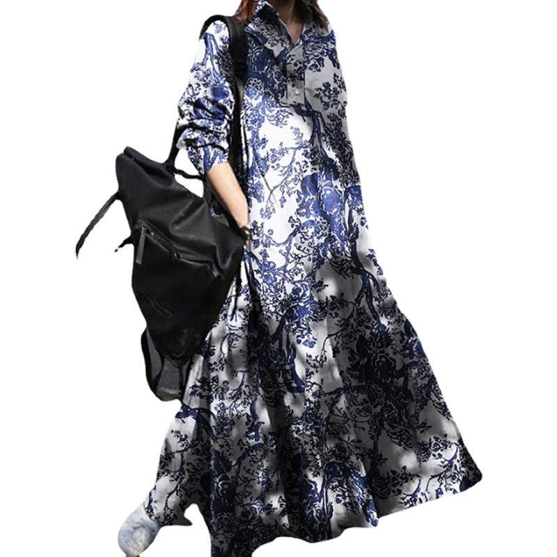 Plus Size Women's Vintage Autumn Ethnic Print Cotton Linen Dress - Loose Long Sleeve Big Swing Skirt