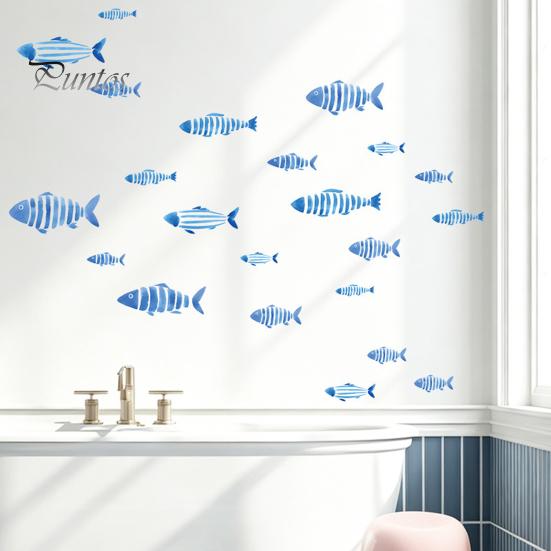 DIY Seabed Wall Murals Watercolor Blue Fish Decals, Striped Ocean Sea Life Stickers, Removable Self-Adhesive Layered School of Decor Coastal