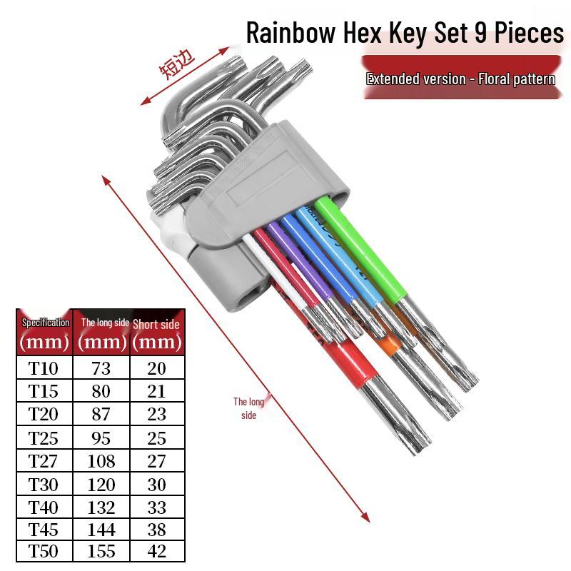 Industrial Color Hex Wrench Set: Chrome Vanadium Ball Head, Torx, Phillips, Star, Medium-Long, Foldable, Multi-Purpose.