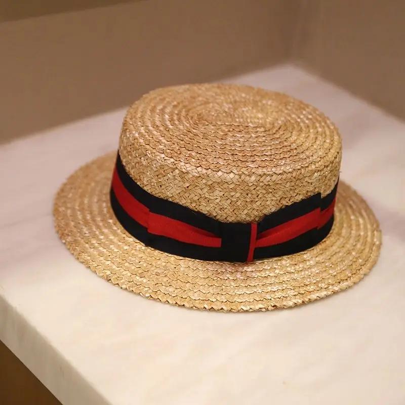 

British striped natural straw hat European and American film flat top flat eave straw hat casual short eave unisex movie hat 56-58cm красный