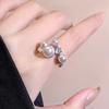 Women Ring French Style Adjustable Opening Finger Ring with Imitation Pearls Cubic Zirconia Design Jewelry Gift