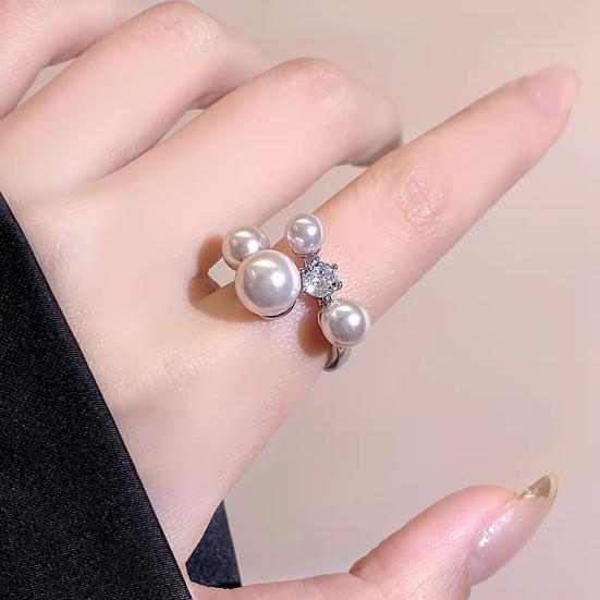 Women Ring French Style Adjustable Opening Finger Ring with Imitation Pearls Cubic Zirconia Design Jewelry Gift