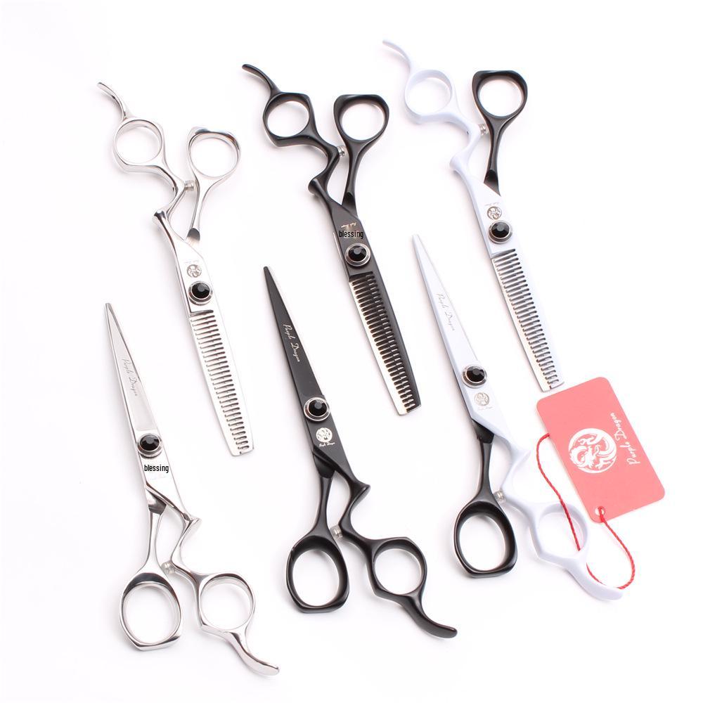 

Purple Dragon 6 Curved Handle Serrated Barber Shears - Professional Hairdressing & Thinning Scissors Black Straight Shears 6 Inch