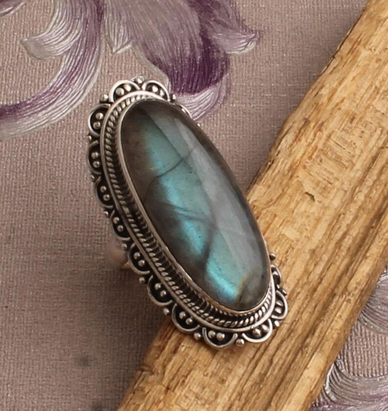 Labradorit Edelstein Ring massiver Stein 925 Sterling Silber blauer Stein Ring für Damen Geschenkidee Edelstein Schmuck ca. 8,5 g