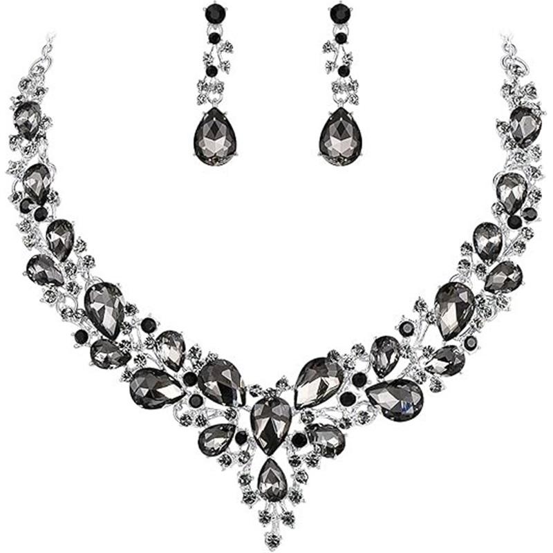 Newlywed Rhinestone Crystal Necklace And Earrings Set - Luxurious Jewelry Set For Ladies' Dance And Banquet Events