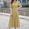 ZANZEA Women Casual Turn Down Collar Solid Color Loose Half Sleeve Long Dress
