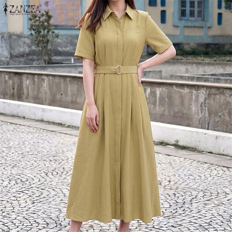 ZANZEA Women Casual Turn Down Collar Solid Color Loose Half Sleeve Long Dress
