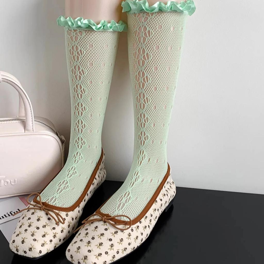 Vintage Spring Summer Mesh Women's Stockings Lace Trim Hollow Out Pile Calf Socks Thin Korean Knee Highs Socks Girl Stockings