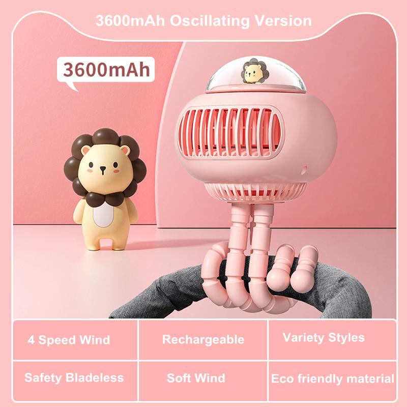 USB Flexible Air Conditioner 3600mAh Chargeable Stroller Cooling Fan 130° Auto Rotation 4-gear Wind Handheld For Outdoors Quiet