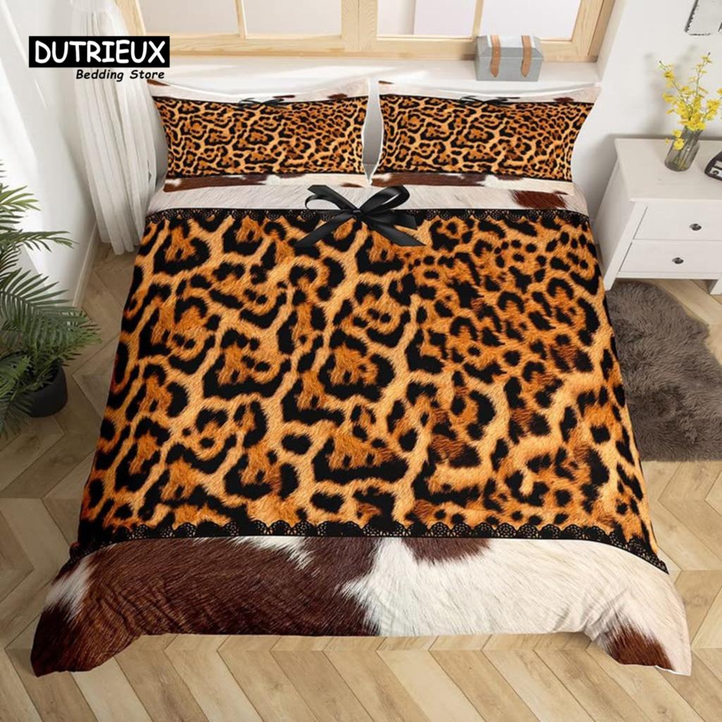 Cowhide Sunflower Duvet Cover Western Farm Animal Skin Bedding Set Microfiber Cow Fur Comforter Cover Twin For Boys Girls Room
