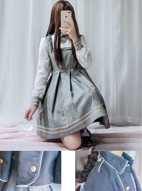 JIURUN Lolita Langarm Lolita Plus Mori Niedlich JK Uniform Cosplay Schule Anime Süß Locker Perfekt für Kirschblüten Traumhaft Niedlich Grau Krawatte Umhang Hut