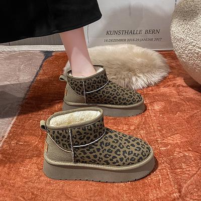 Fleece Middle Help Snow Boots Female Winter Leopard Print Student Is European and American Warm Casual Platform Cotton Shoes