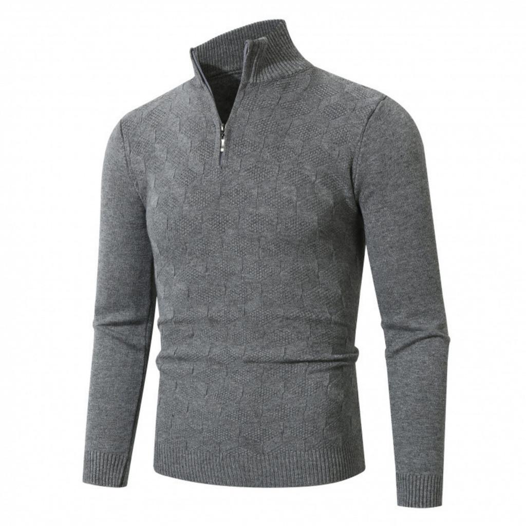 Men's Casual Solid Color Semi-zipper Stand-up Collar Knitted Sweater, Men's Fleece Warm Knitted Pullover Sweater