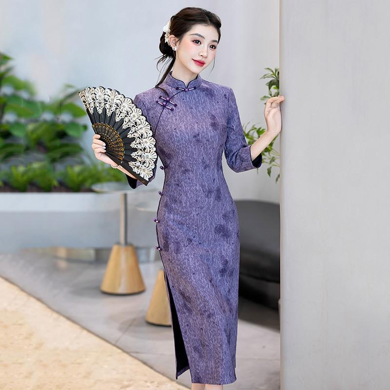 Purple Vintage-Inspired Long Sleeve Qipao Dress Women Slim Fit Wear Stand Collar Design