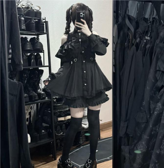 Set Rochie Pantaloni Scurți cu Fundă Stil Gotic Japonez Y2k Lolita Femei Dantelă Volane Decolteu Bardot Butoane Rochie Dulce Subțire Rochie de Petrecere