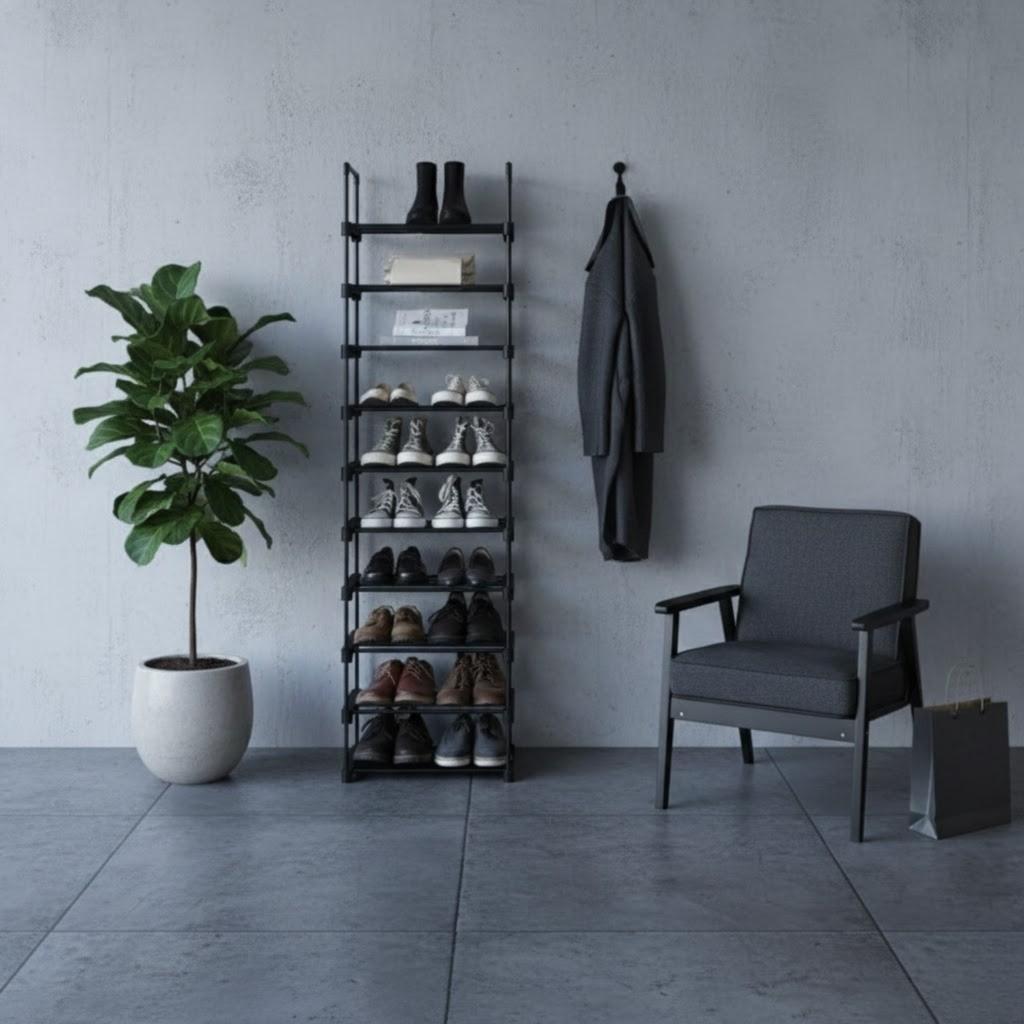 Slim Shoe Cabinet, Metal Shelf, Foldable Shoe Rack, Black Frame