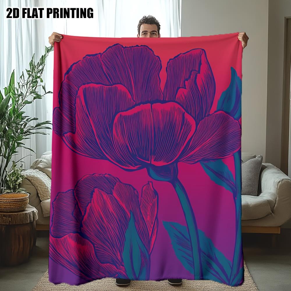 1pc Extra Large Floral Throw Blanket - Heavyweight Plush Flannel Bedspread - Soft Pink, Purple, Magenta Tulip Blooms 130x150cm51x59in