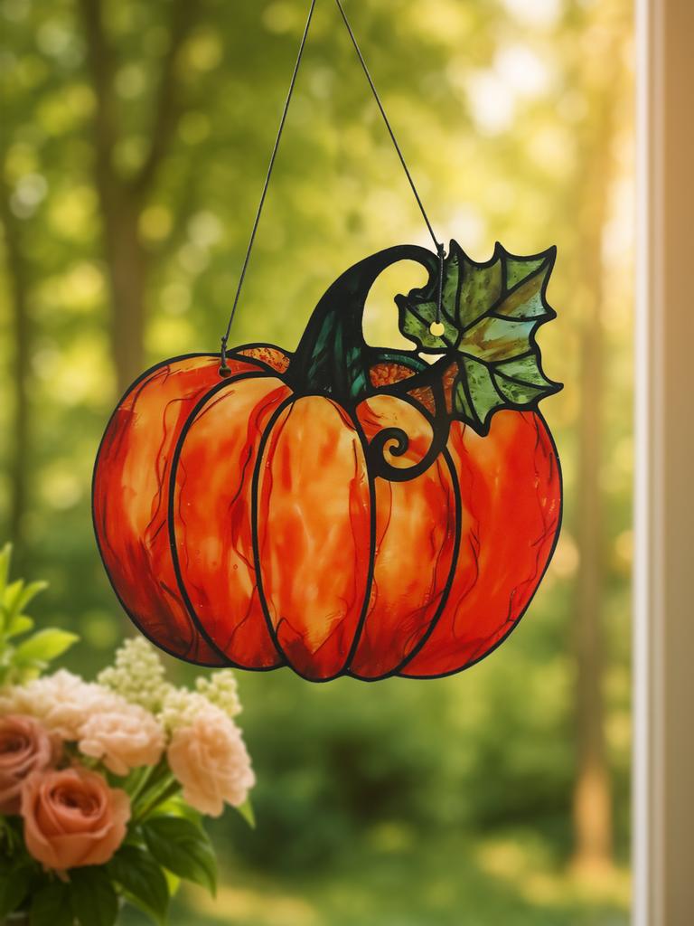 Halloween Pumpkin Hanging Ornaments Acrylic Suncatcher Cute Pumpkin with Leaf Design Window Pendant Wall Ornament for Home Gift