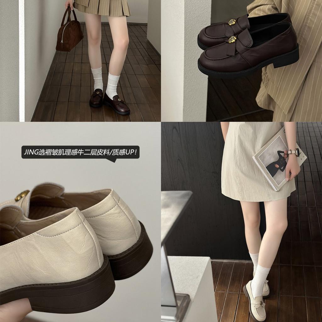 2025 autumn new and old money wind camellia loafers round head comfortable thick heel retro pleated commuter small leather shoes women