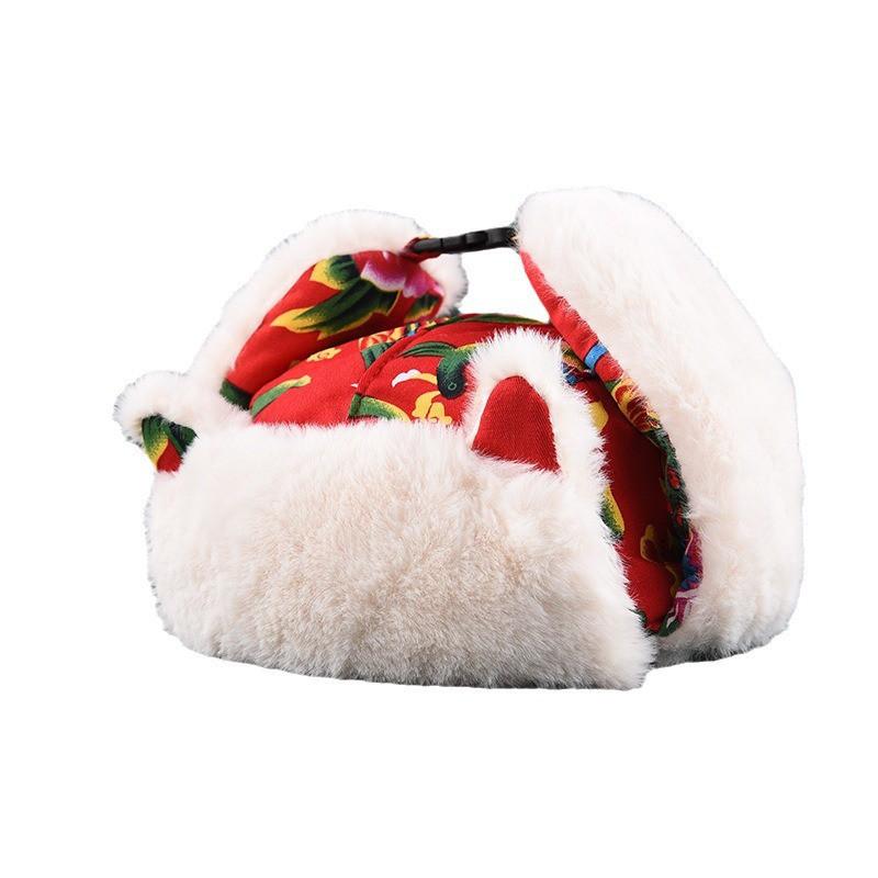 Winter Warm Cotton Blend Hat With Cat Ears Kids Adults Retro Chinese Style Beanie Windproof Ear Protection