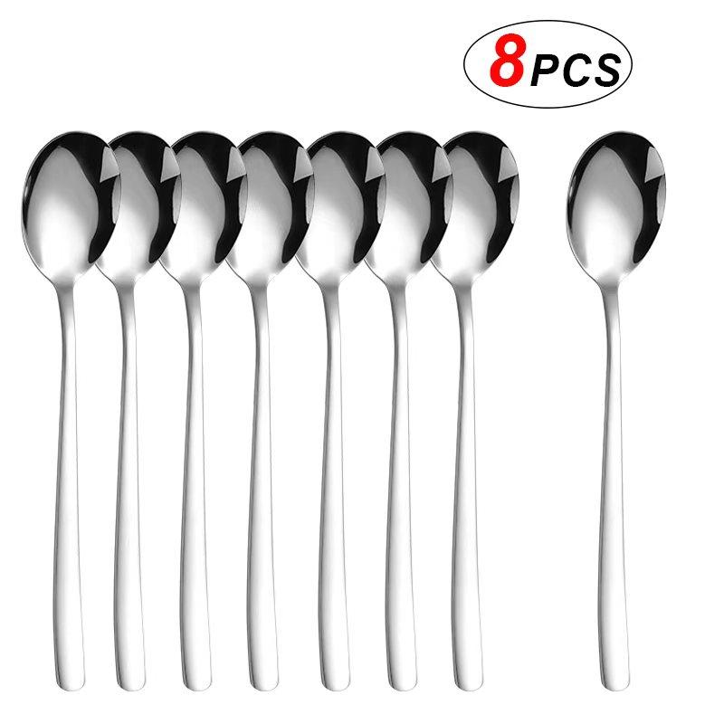 8 Pcs Spoon Set 304 Stainless Steel Cutlery Set Korean Cake Spoon for Hotel Home Bar Cafe and Office Long Handle Coffee Spoon