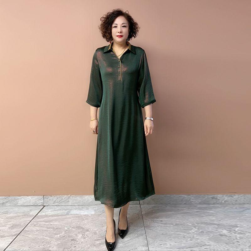 Women’s Silk Dress Summer Lapel Plus-size Dress Solid Color Soft Skin-friendly Breathable Silk Long Dress