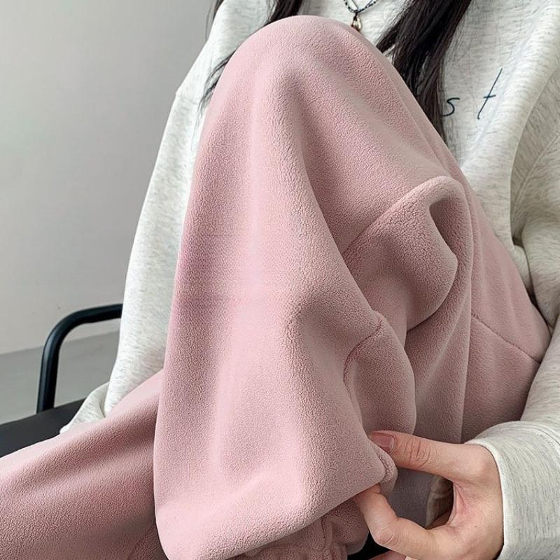 Pink Fleece Sports Pants for Women Autumn and Winter Thick Warm Cotton Pants Small Stature Ankle Binding Fleece Sanitary Pants