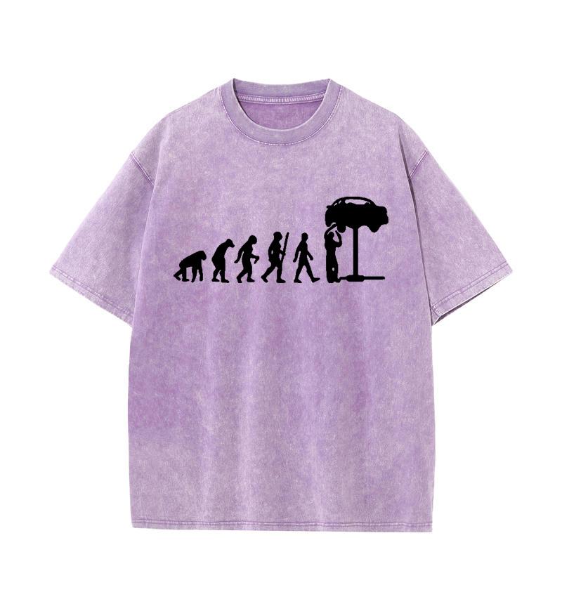 

2025 Лето 100% хлопок стираный Old Craft свободная футболка большой размер О-образный вырез свободная мужская футболка с принтом Human Evolution XXL фиолетовый