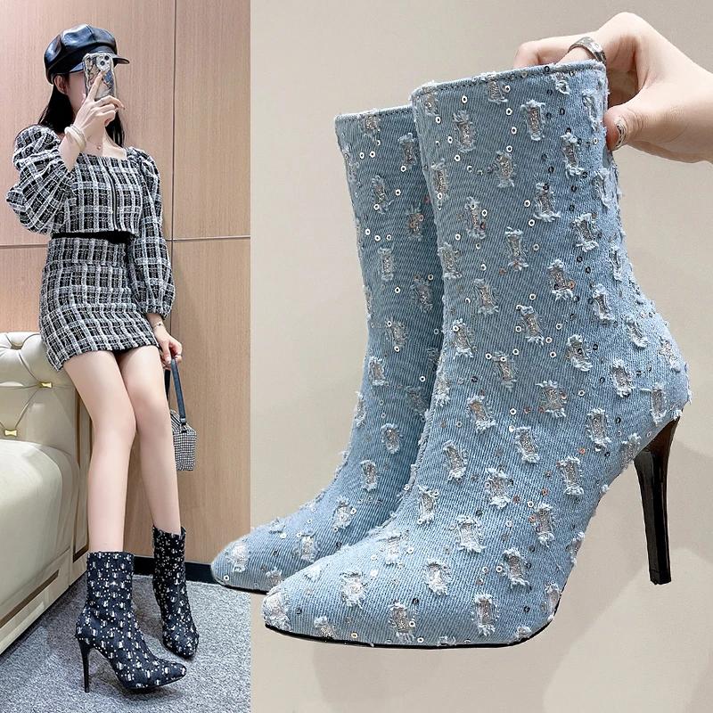 Cowboy Pointed Toe Women Ankle Boots Bling High Heels Shoes Winter 2025