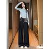 Korean Style High-Waisted Embroidered Jeans with Silk Scarf Bow - Women's Retro Straight Loose Wide-Leg Pants