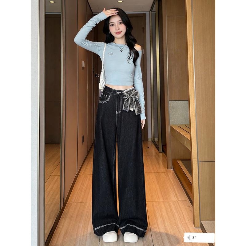 Korean Style High-Waisted Embroidered Jeans with Silk Scarf Bow - Women's Retro Straight Loose Wide-Leg Pants