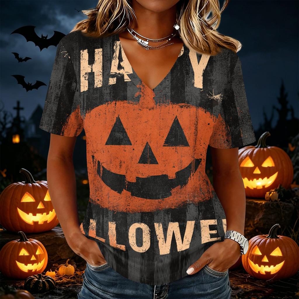 Women's Casual V Neck Pullover Top Halloween Themed Graphic Print Short Sleeve T Shirt Lightweight Comfortable Fit