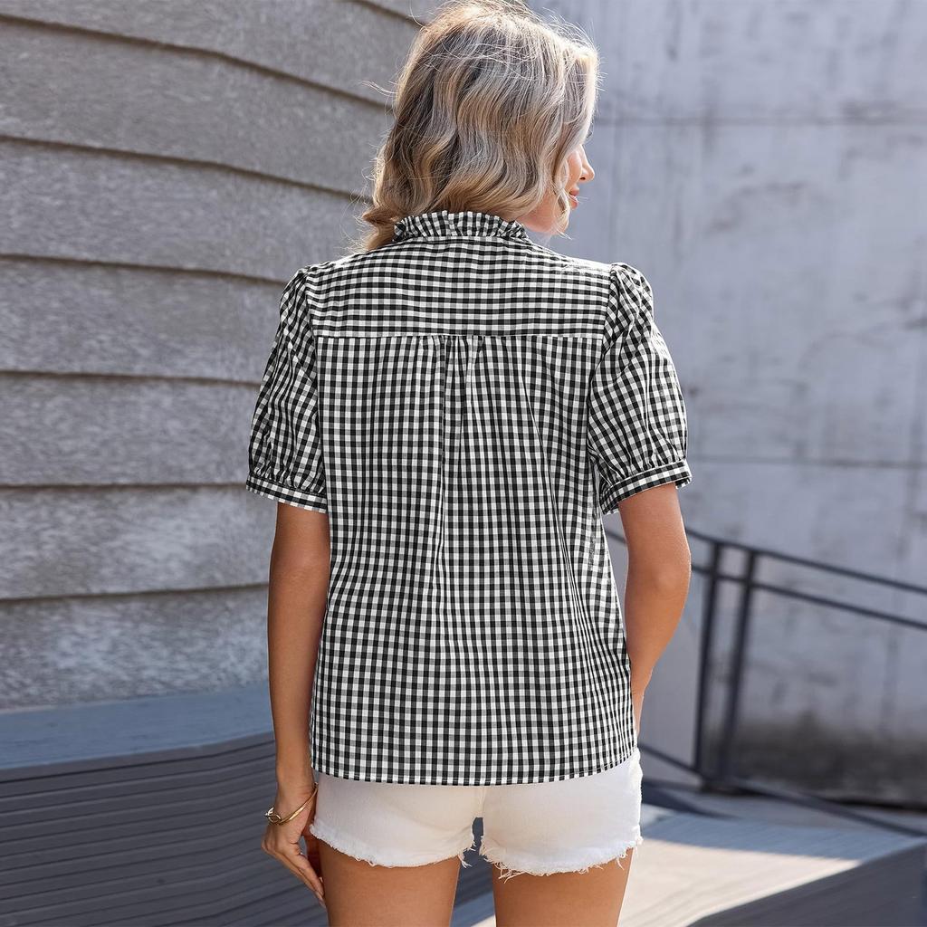 Camisa informal a cuadros de manga corta holgada con botones para mujer