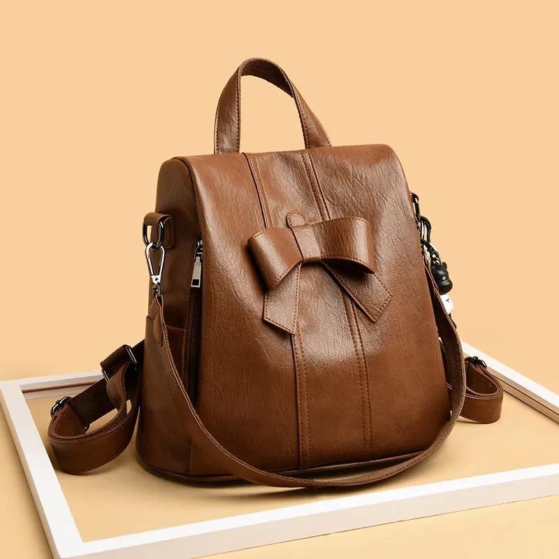 Высококачественный женский деловой рюкзак элегантная женская кожаная сумка с бантом рюкзак из натуральной кожи сумка через плечо с защитой от кражи коричневый 1913₽