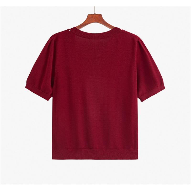Plus Size T-shirt Women's Beaded Square Neck Blouse Spring Summer Loose Short-sleeved T-shirt Knitwear