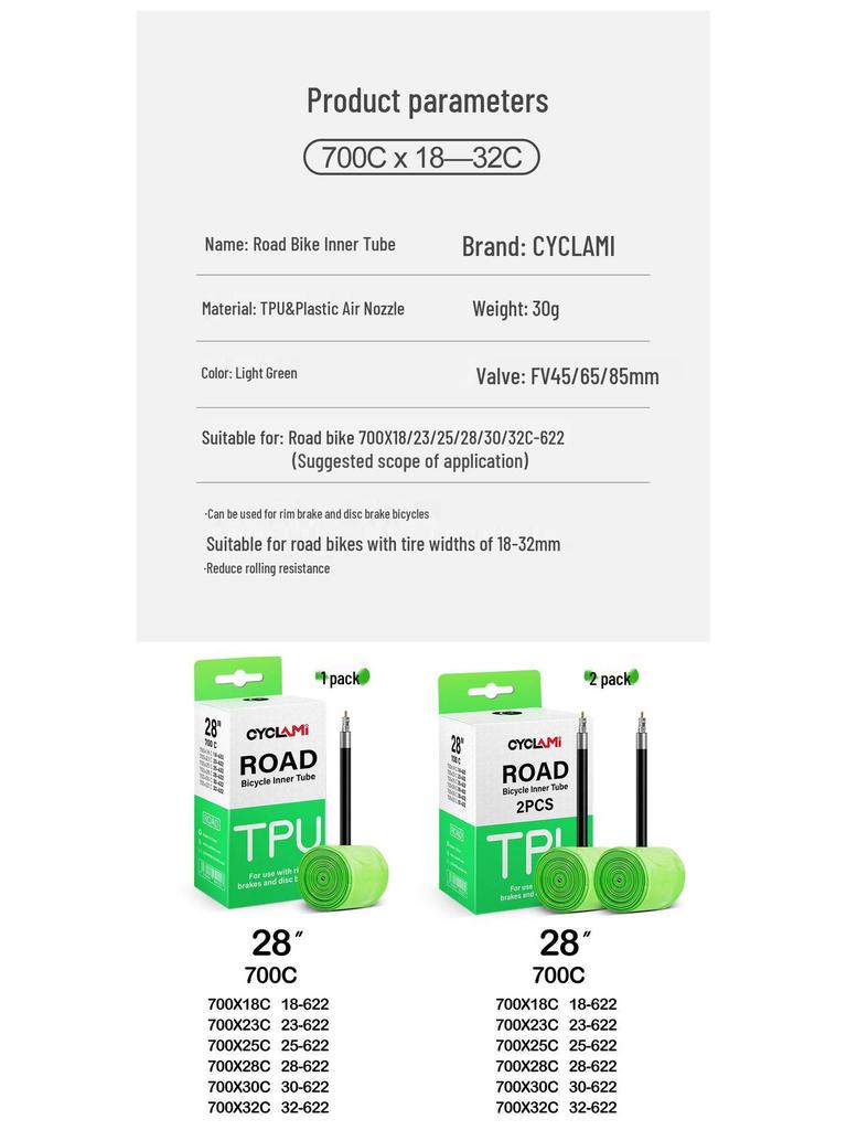 CYCLAMI Ultralight TPU Inner Tube with Free Tire Patches and Levers - 30g, Presta Valve, Puncture Proof Road Bike Tire.