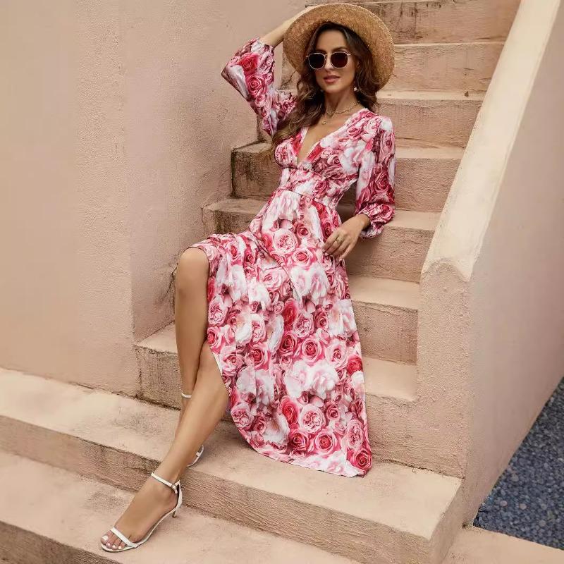 Women's V-neck Dress Autumn Deep V Waist Lantern Long-sleeved Dress
