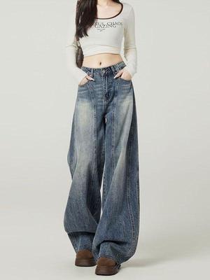 Retro Blue Wide-Leg High-Waist Jeans for Women - Plus Size, Loose Fit, Crescent Drape, Pear Shape, 2025 Collection.