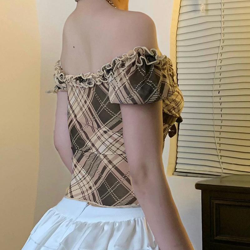 

Checked Chest Bubble Sleeve Short Sleeve T-Shirt Waist Bottom Shirt Top S