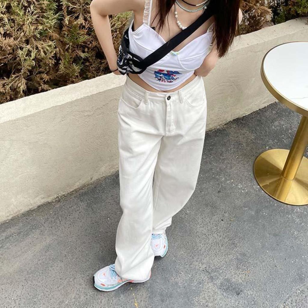 Women's High Waist Straight Leg Jeans Casual White Denim Pants Loose Trousers