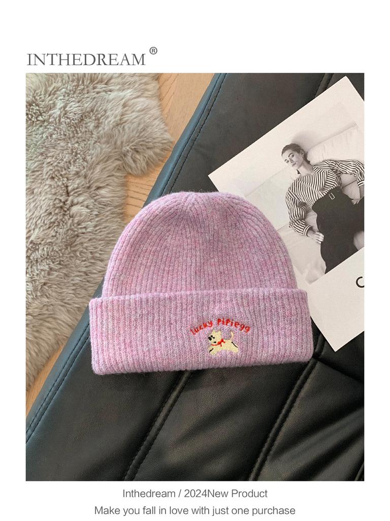 Cute puppy embroidered knitted hat female 2025 season wool hat showing small face big head circumference cold hat white