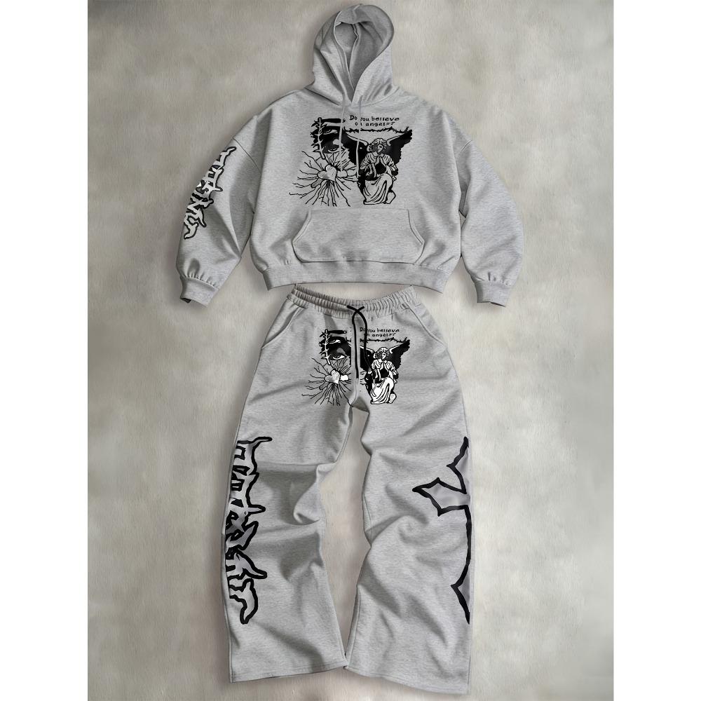 Trendy Autumn and Winter Sportswear Set, Men s Multifunctional Drawstring Hooded Sweatshirt and Casual Sweatpants S серый