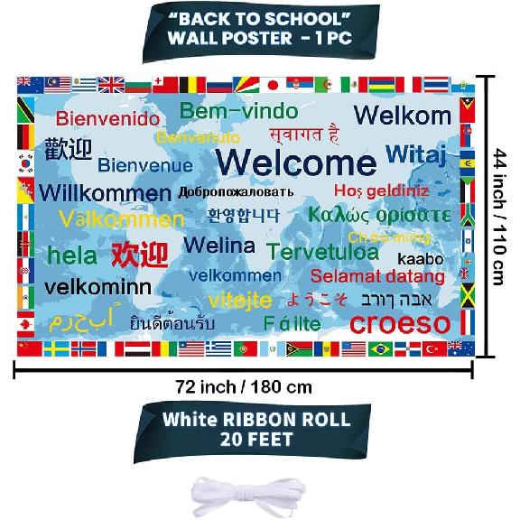 International Welcome Banner Decorations 52 World Country Flags Around the World Multicultural Decor - Large Welcome Backdrop Banner with 32