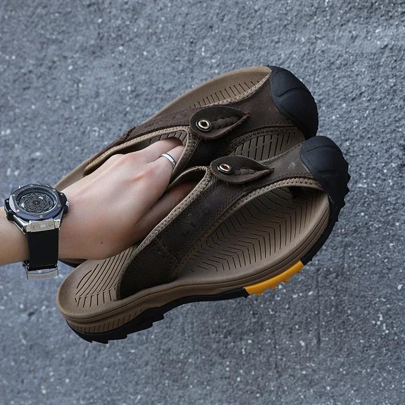 Genuine Cow Leather Men Beach Slippers Outdoor Anti-slip Mens Flip Flops Summer Men Walking Shoes Comfortable Male Casual Shoes