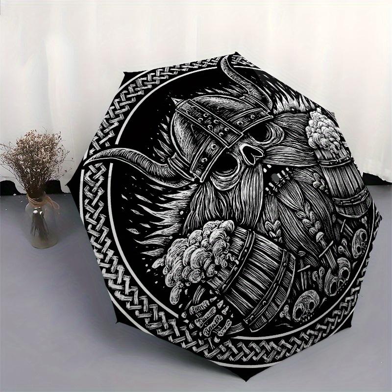 Wikingerkrieger Totenkopf mit Hörnern Runder Aufkleber DecalRegenschirm, Tragbarer 3-Fach Kompakter Regenschirm,Weihnachtsgeschenk ES405