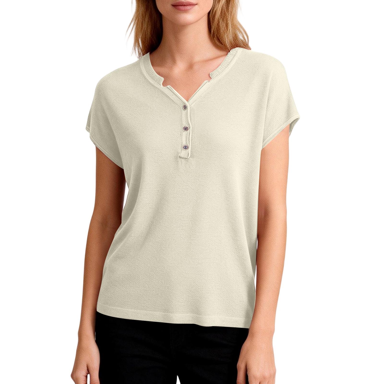 Women s V-neck Loose Button Placket Short Sleeve T-shirt L