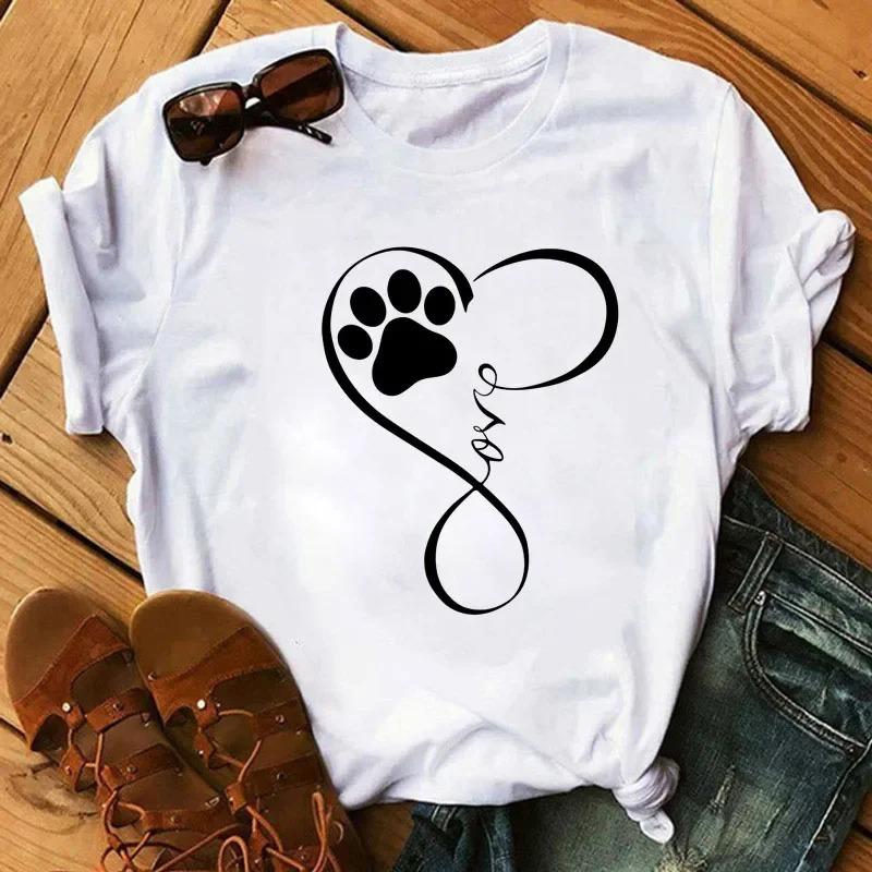 Womens CartoonTshirt Colorful Heart AndDog Paw Print Tshirt Womens Summer Tshirt 90s Girl ShortSleeve Tshirt Black Tshirt